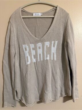 Miracle V-Neck Beach Sweater in Beige with White Lettering